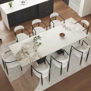 Recline 9 - Piece Dining Table Set With 110.23'' Extendable Sintered Stone Dining Table and 8 Fabric Chairs